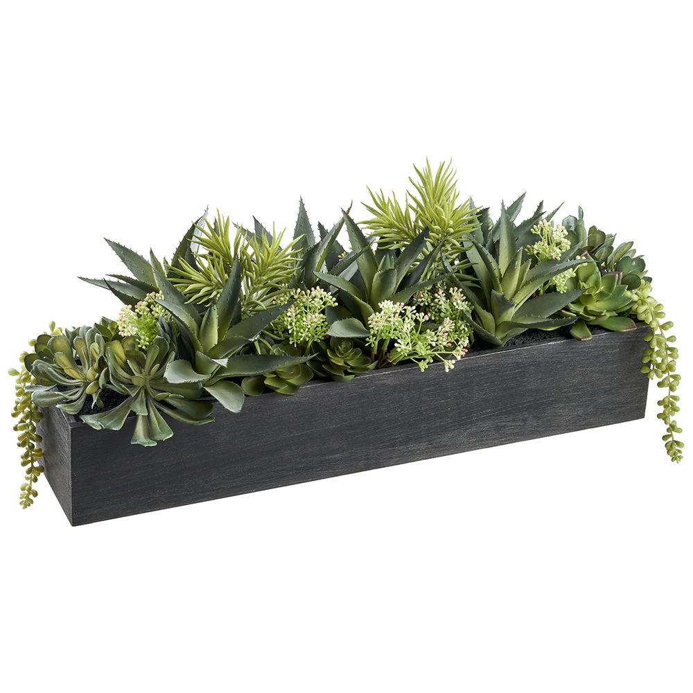 7"Hx26"W Succulent Garden Artificial Plant w/Wood Box -Green/Gray (Pack of 2)