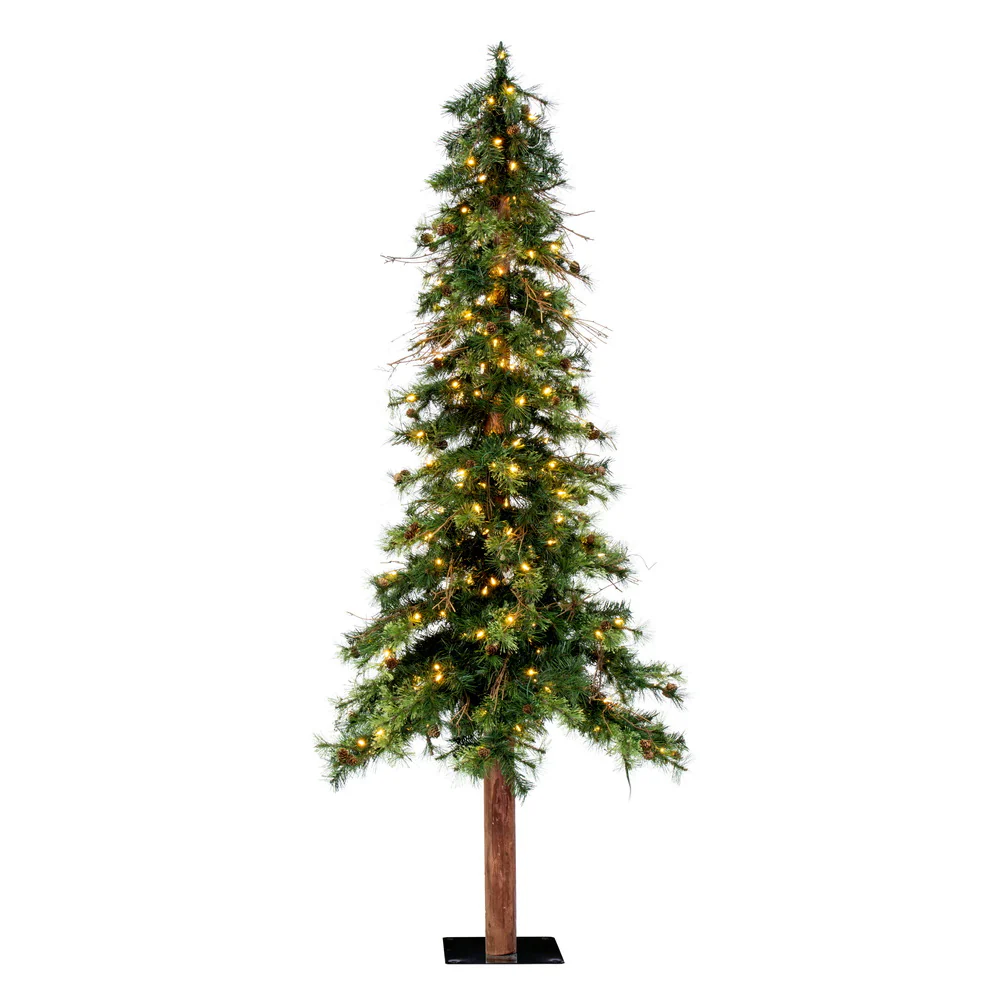 7'Hx44"W Mixed Country Artificial Alpine Tree w/Pinecone & Grapevine, LED Pre-Lit -Green/Brown