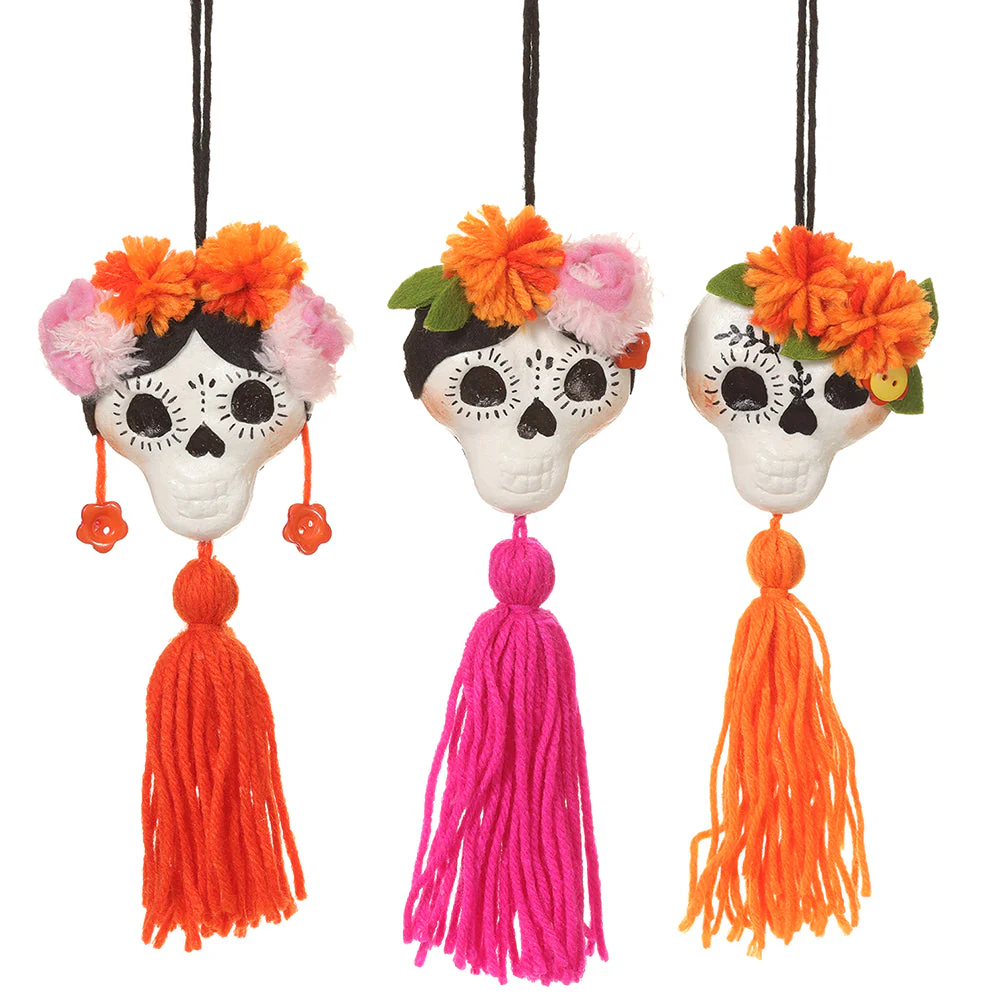 8.3" Set Of Day Of The Dead Hanging Skulls -Orange/Pink (Pack of 2)