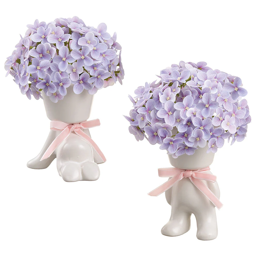 8.5" Set Of Hydrangea Silk Flower Arrangements w/Ceramic Vase -Lavender (Pack of 2)