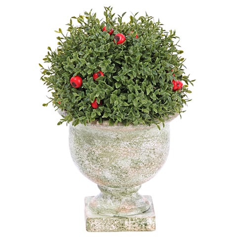 8.5" Tea Leaf & Berry Ball-Shaped Artificial Topiary w/Paper Mache Urn -Green/Red (Pack of 6)