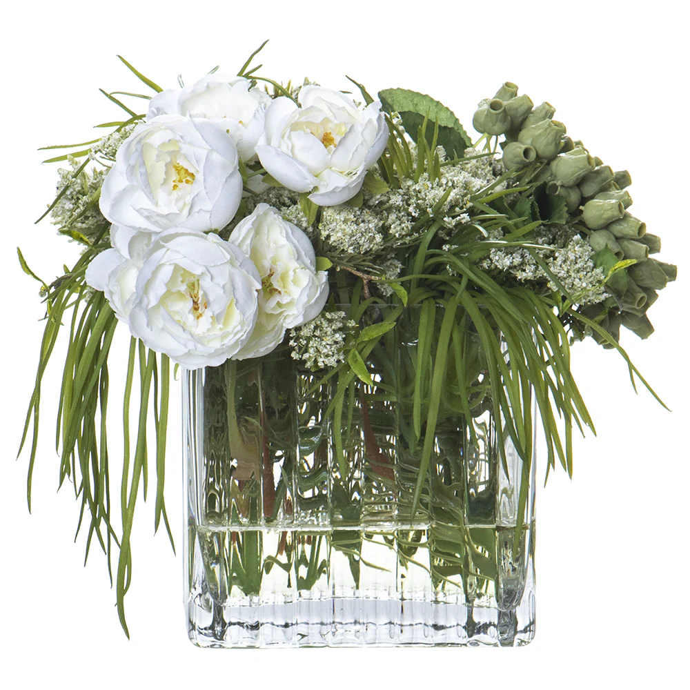 8.5"Hx10.5"W Queens Anne's Lace, Ranunculus, Berry & Grass Silk Flower Arrangement w/Glass Vase -White/Green