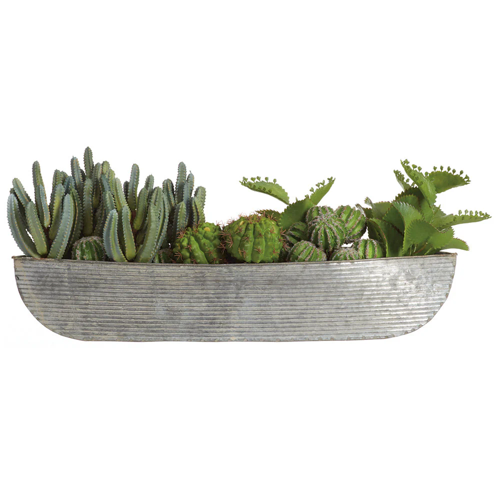 8.5"Hx23"W Mixed Succulent & Cactus Artificial Plant w/Metal Container -Green