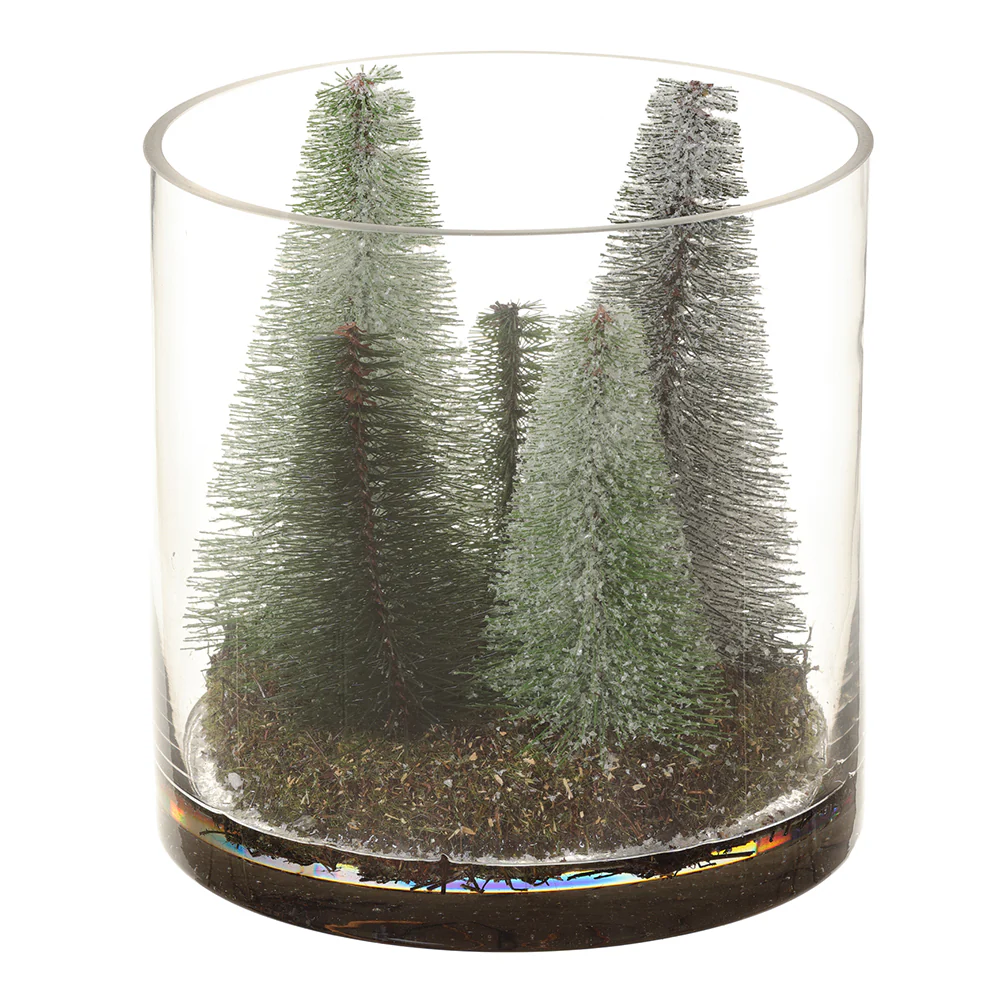 8" Artificial Flocked Bottlebrushed Pine Tree Arrangement w/Glass Vase -Green (Pack of 2)