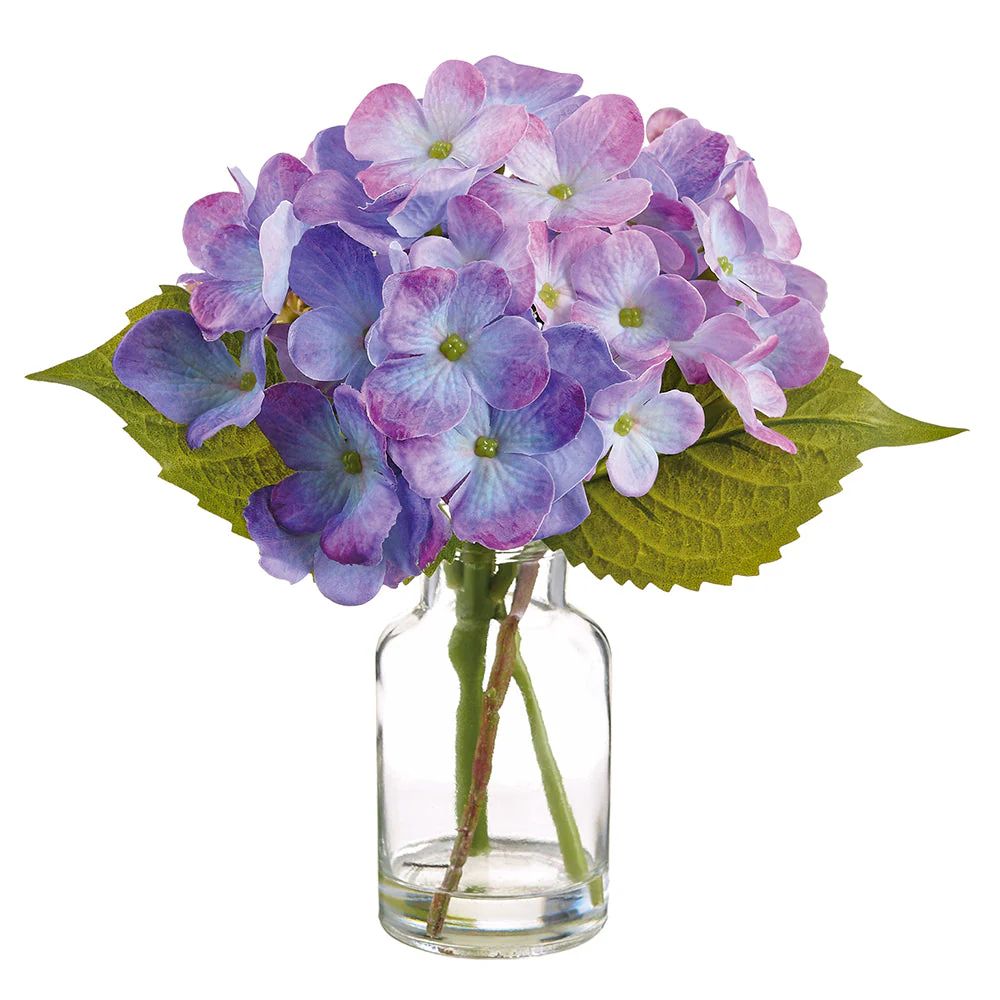8" Hydrangea, Queen Anne's Lace Silk Flower Arrangement w/Glass Vase -Purple/Lavender (Pack of 12)
