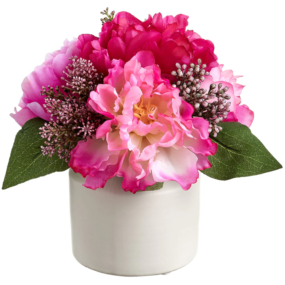 8" Mixed Peony & Sedum Silk Flower Arrangement w/Ceramic Vase -Beauty/Boysenberry (Pack of 6)