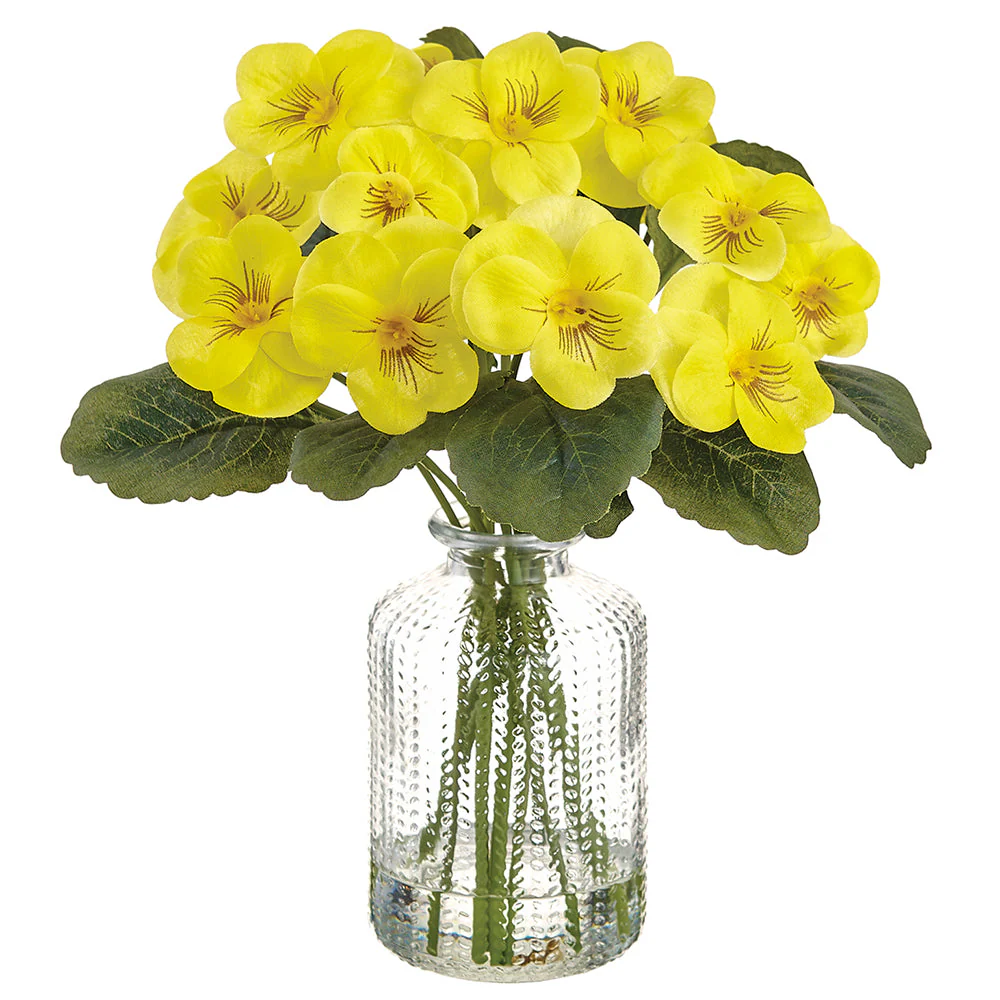 8" Pansy Silk Flower Arrangement w/Glass Vase -Yellow (Pack of 6)