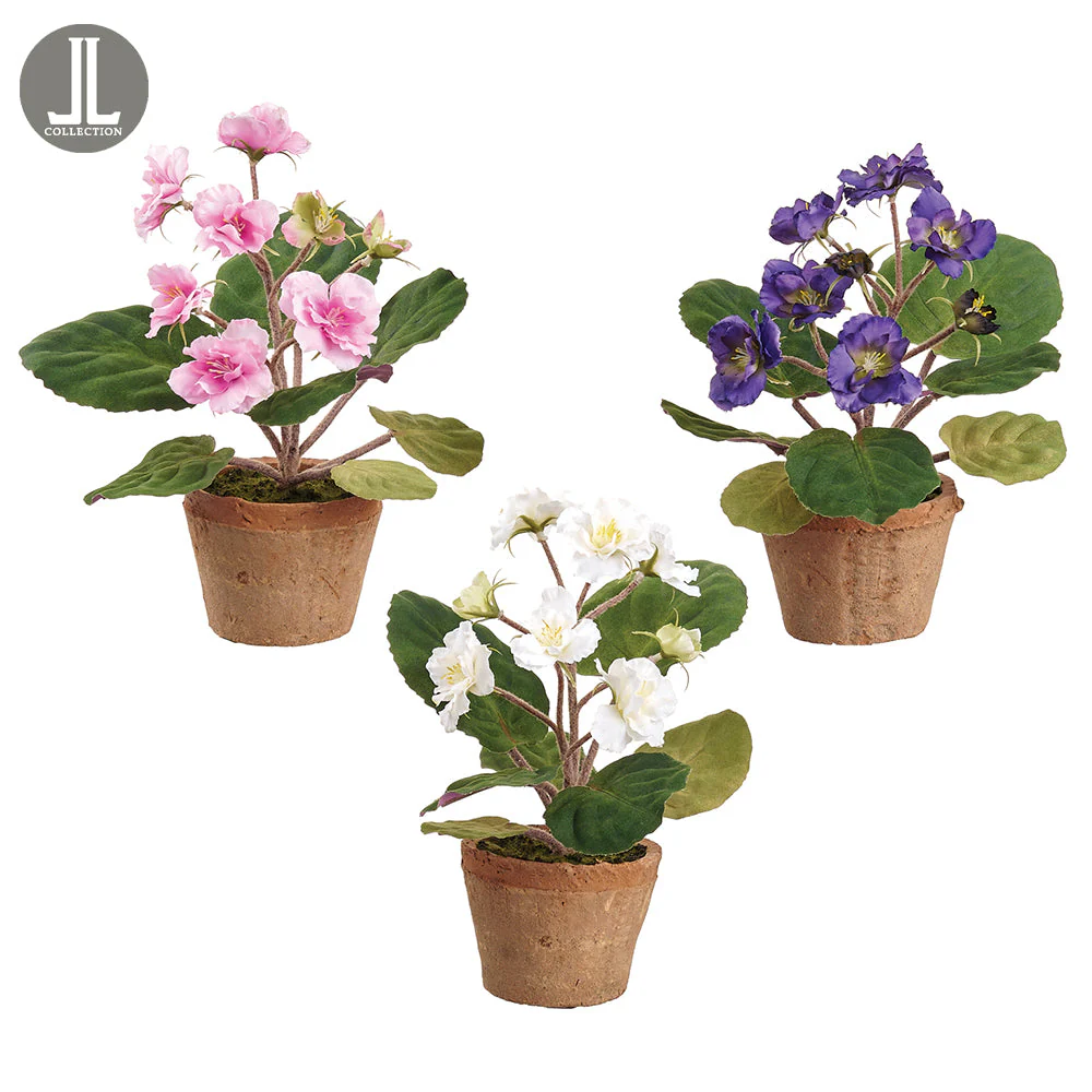 8" Set Of African Violet Silk Flower Arrangements w/Clay Pot -Mixed Colors