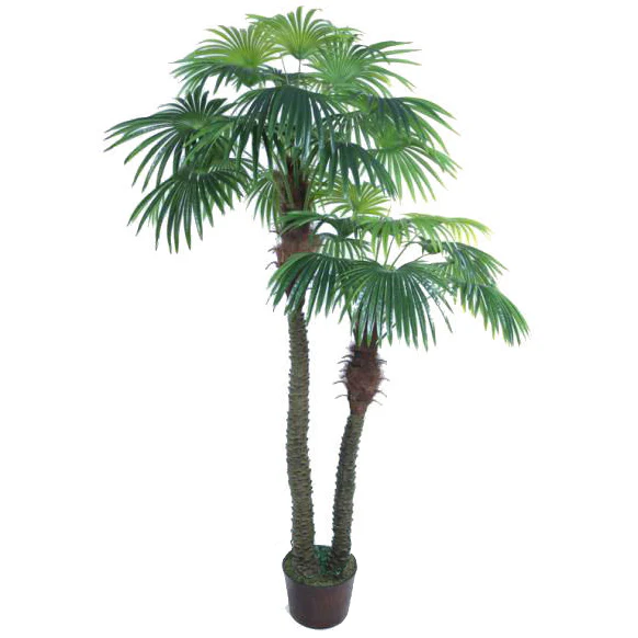8' Silk Fan Double Trunk Palm Tree w/Pot -Green