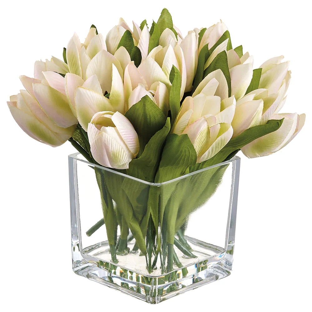 8" Tulip Silk Flower Arrangement w/Glass Vase -Blush/Green (Pack of 6)