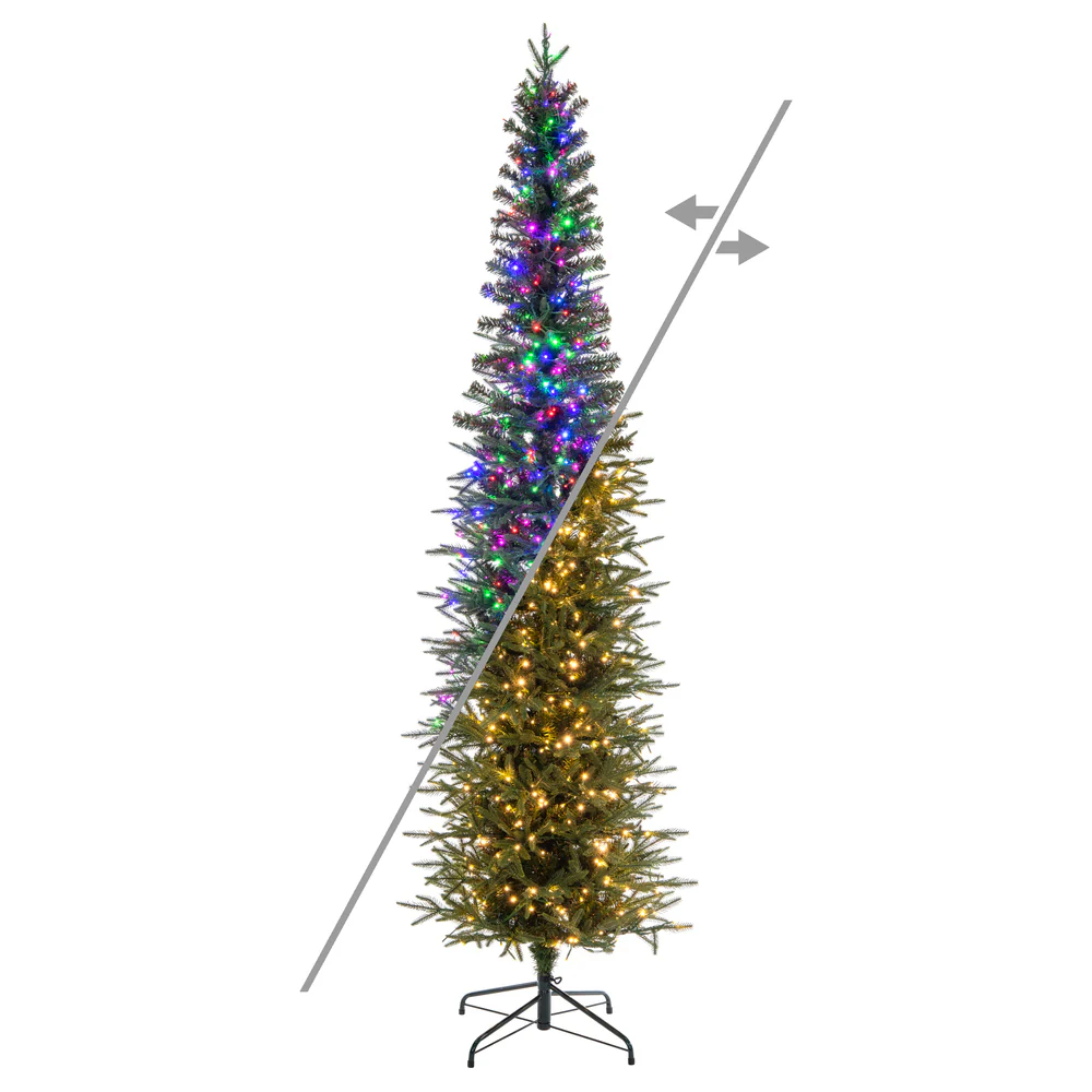 8'6"Hx36"W PE Pencil Bixley Fir Artificial Christmas Tree, Micro LED Pre-Lit (Multi-Mode) -Green