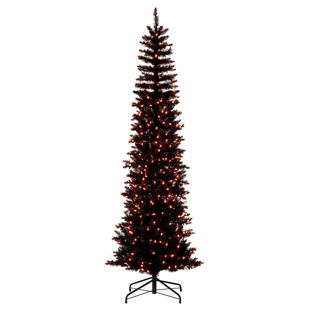 8'6"Hx38"W Pencil Artificial Christmas Tree, LED Pre-Lit (Orange) -Black