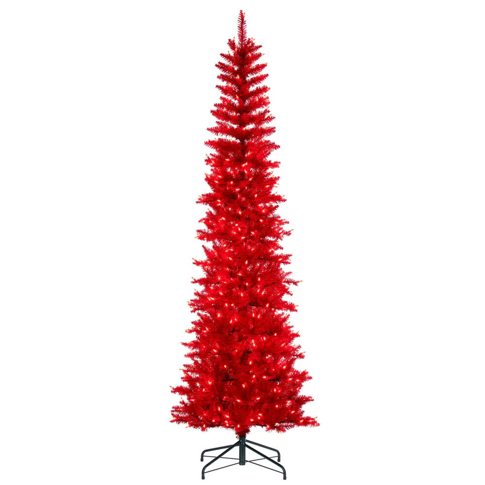 8'6"Hx38"W Pencil Artificial Christmas Tree, LED Pre-Lit (Red) -Red