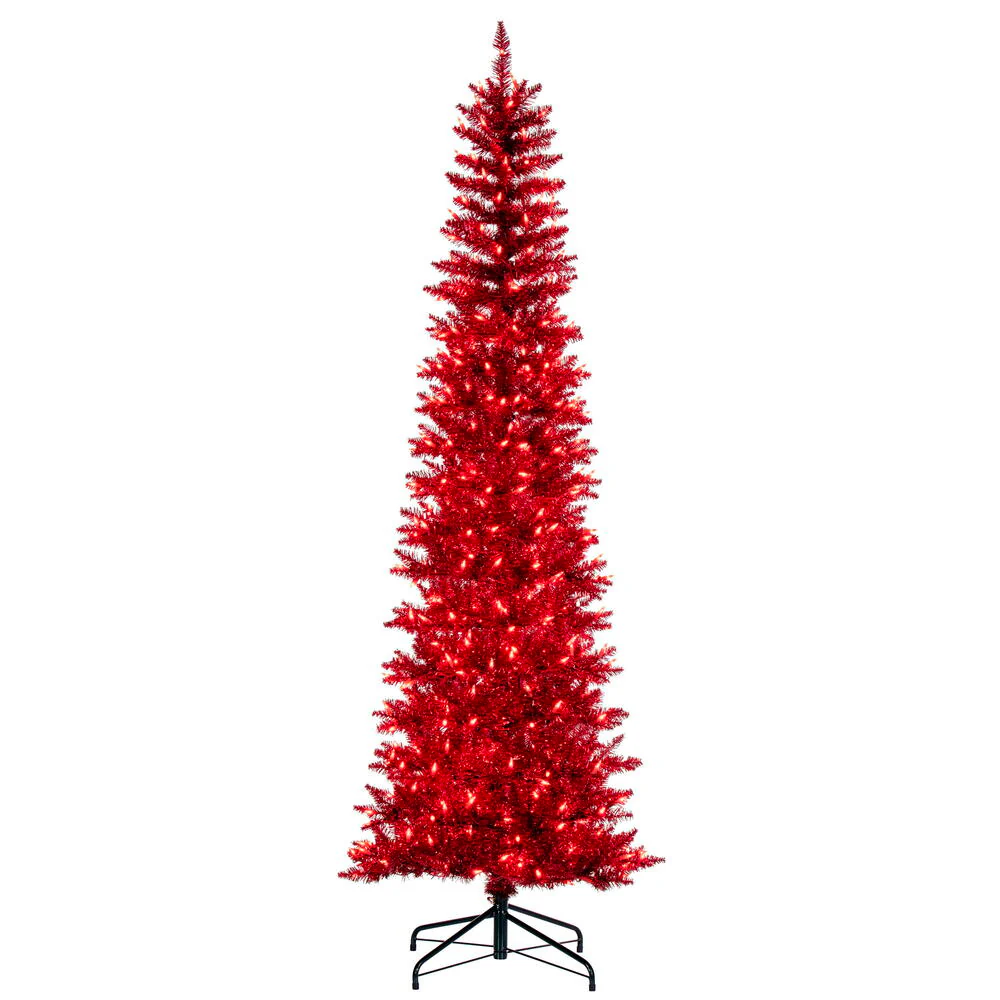 8'6"Hx38"W Tinsel Pencil Artificial Christmas Tree, LED Pre-Lit (Red) -Red