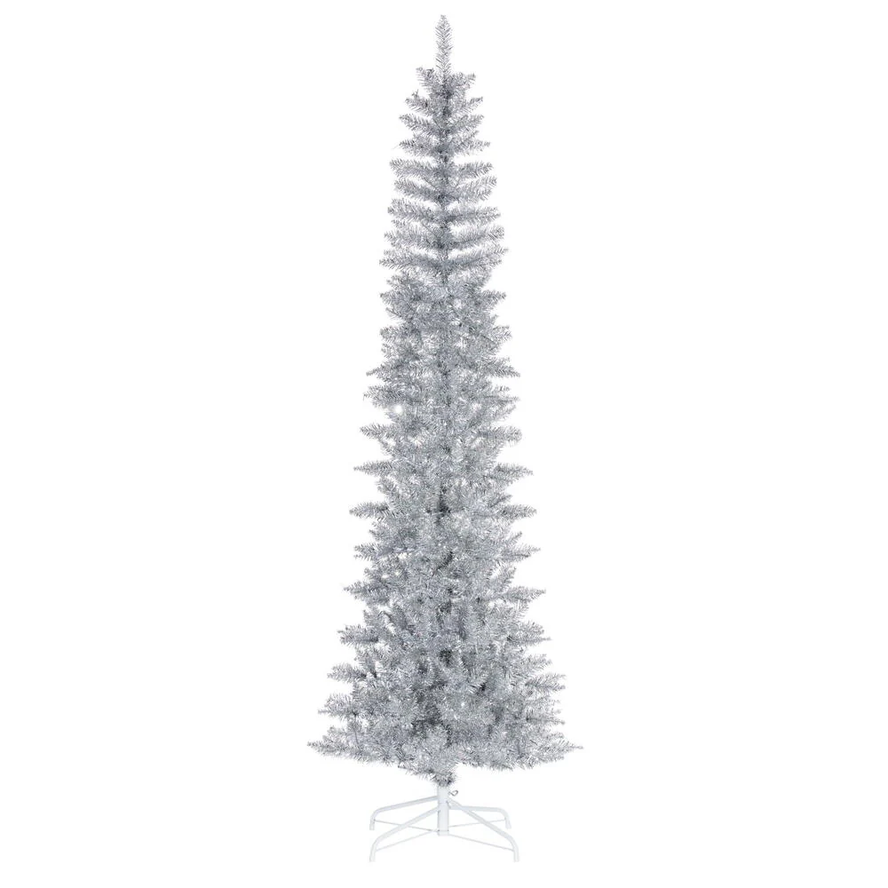 8'6"Hx38"W Tinsel Pencil Artificial Christmas Tree, Unlit -Silver
