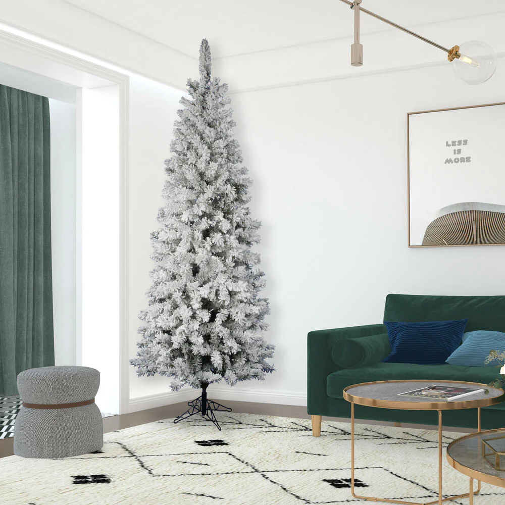 8'6"Hx40"W Flocked Pencil Pacific Pine Artificial Christmas Tree, LED Pre-Lit -White - Image 5