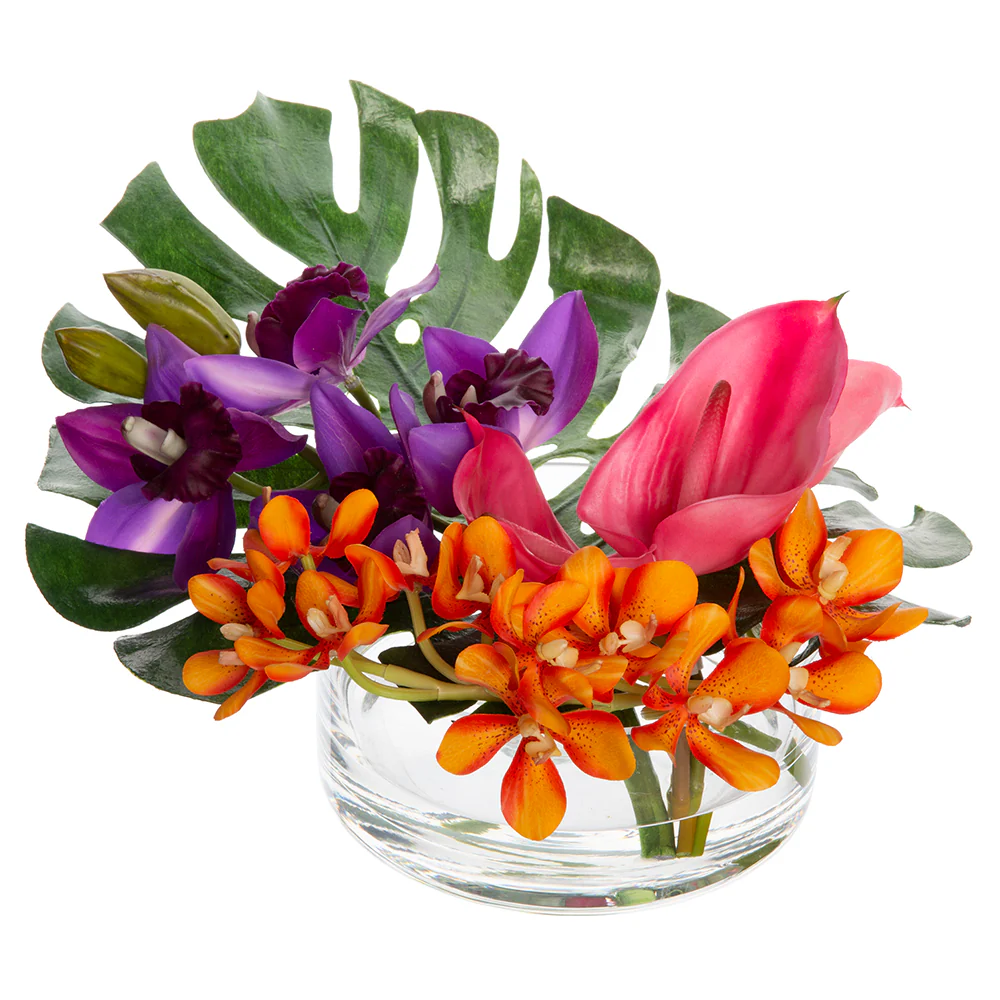 8"Hx17"W Orchid, Anthurium & Leaf Silk Flower Arrangement w/Glass Vase -Beauty/Purple