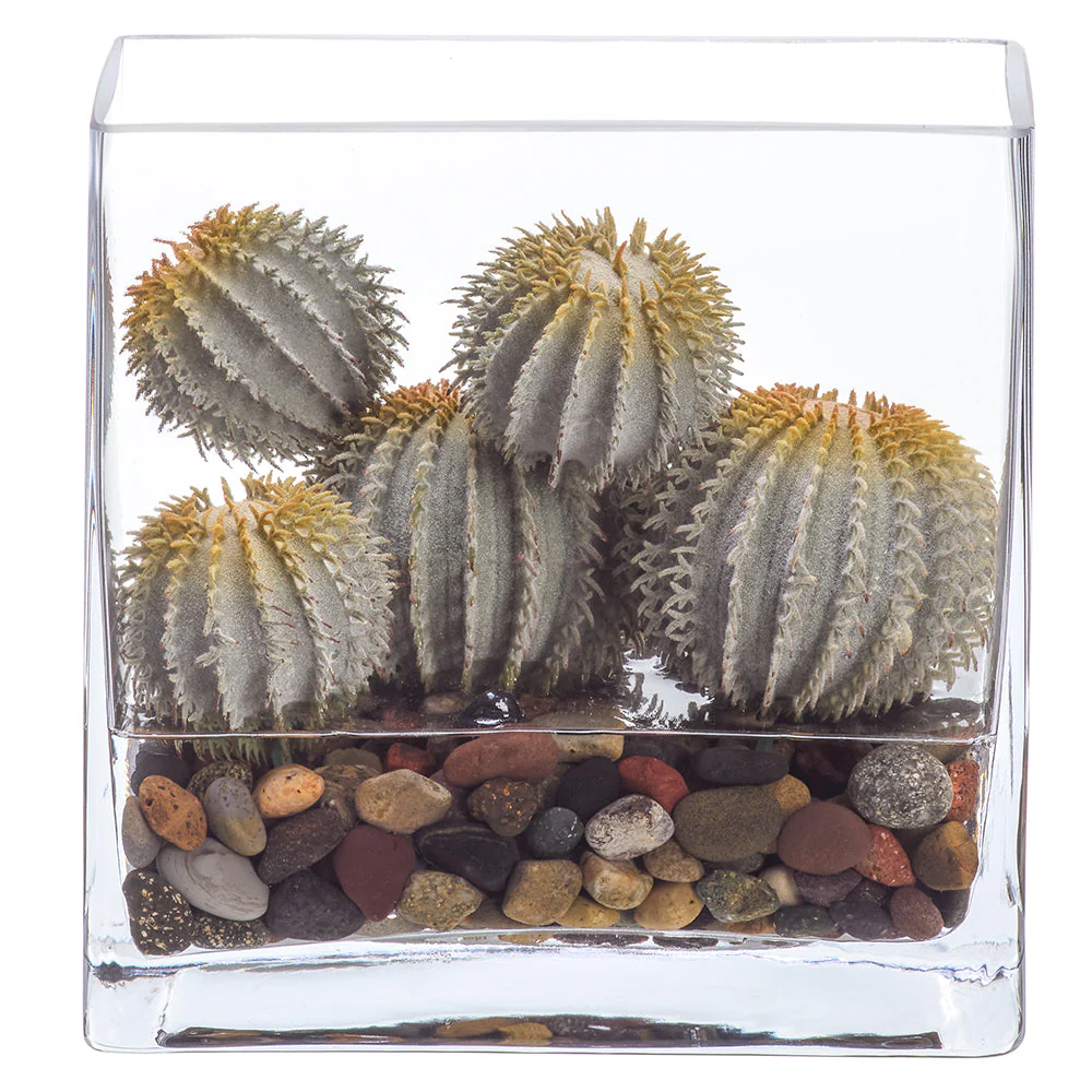 8"Hx7.5"W Barrel Cactus Artificial Plant w/Glass Vase -Green