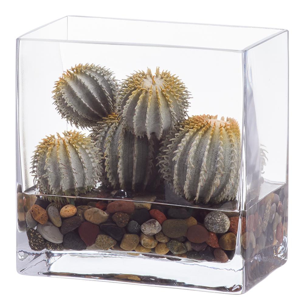 8"Hx7.5"W Barrel Cactus Artificial Plant w/Glass Vase -Green - Image 2