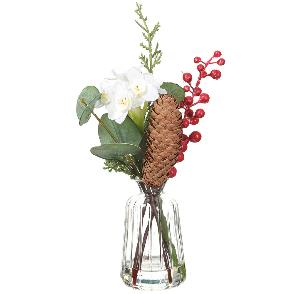 9.5" Paperwhite Flower, Berry & Pinecone Artificial Arrangement w/Glass Vase -White/Red (Pack of 6)