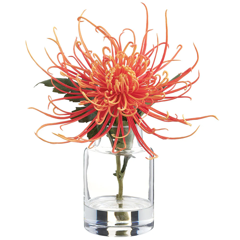 9.5" Spider Mum Silk Flower Arrangement w/Glass Vase -Orange (Pack of 6)