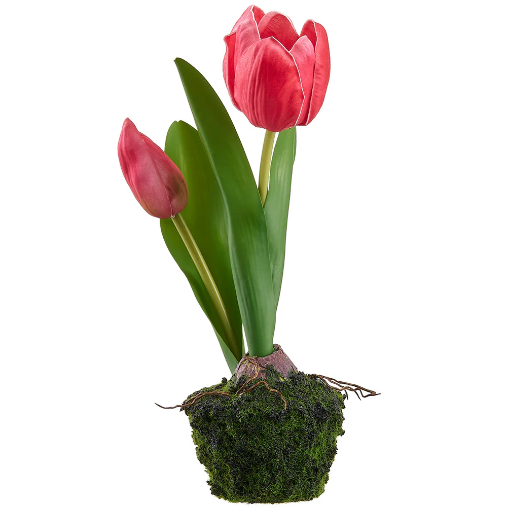 9.5" Tulip Silk Flower Arrangement w/Moss & Soil Ball -Crimson (Pack of 8)