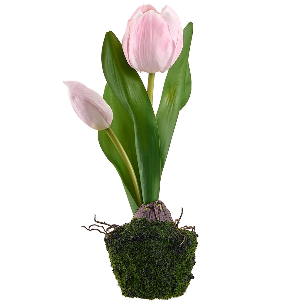 9.5" Tulip Silk Flower Arrangement w/Moss & Soil Ball -Soft Pink (Pack of 8)