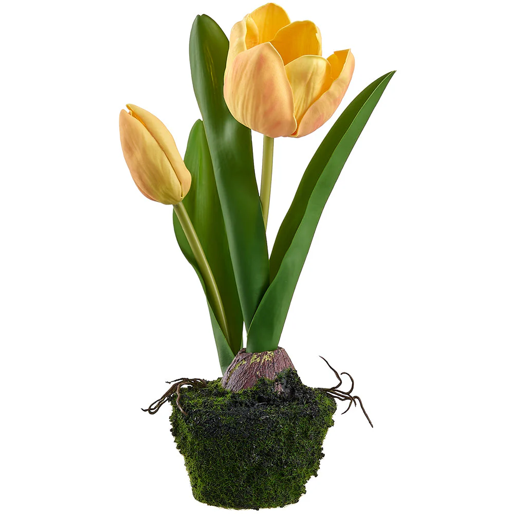 9.5" Tulip Silk Flower Arrangement w/Moss & Soil Ball -Yellow (Pack of 8)