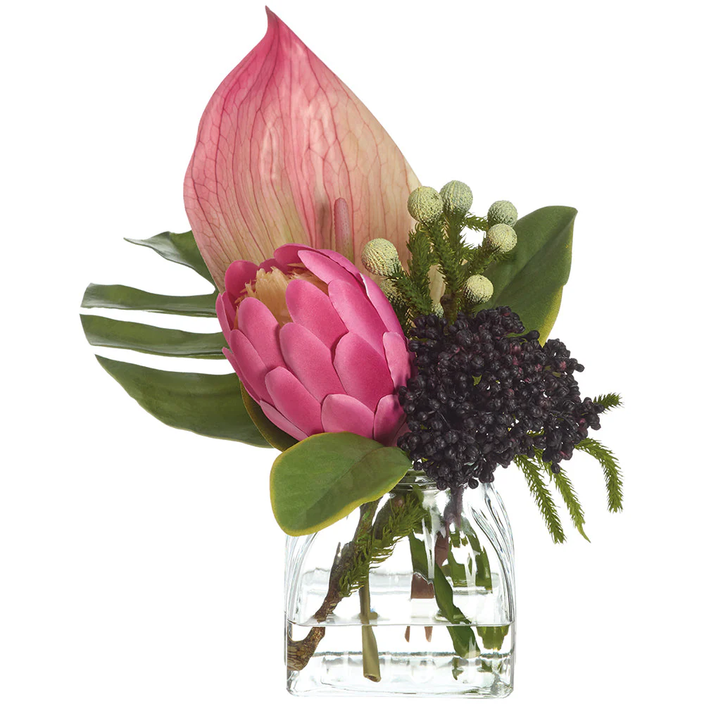 9.5"Hx15"W Protea, Anthurium, Philo Leaf & Sedum Silk Flower Arrangement w/Glass Vase -Pink/Green