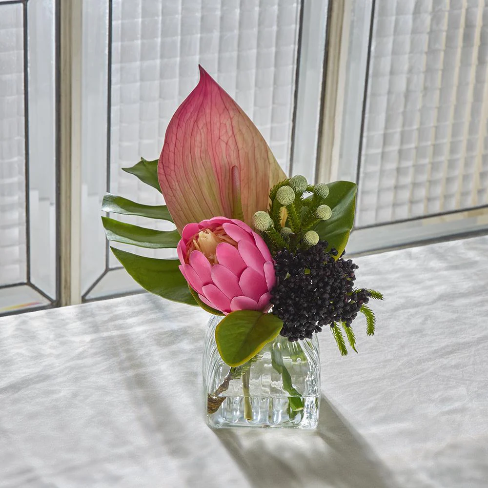 9.5"Hx15"W Protea, Anthurium, Philo Leaf & Sedum Silk Flower Arrangement w/Glass Vase -Pink/Green - Image 2
