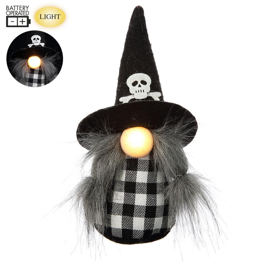 9.75" Battery Operated Halloween Gnome With Light -Black/White (Pack of 12)