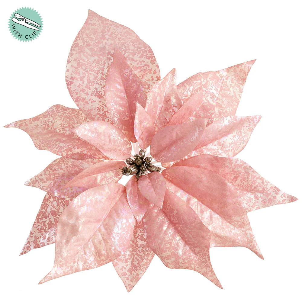 9" Antique Metallic Artificial Poinsettia Clip-On Flower -Pink (Pack of 12)