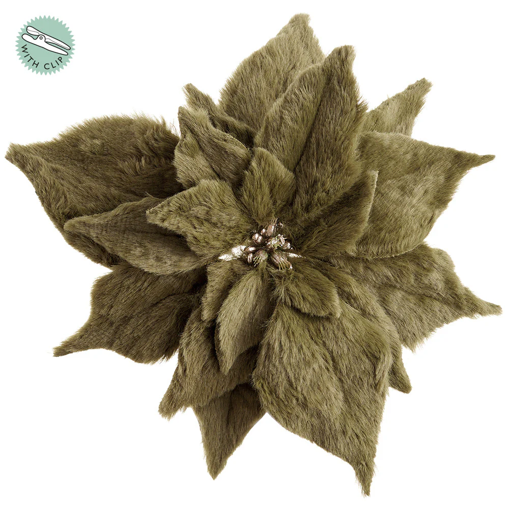 9" Fur Poinsettia Artificial Clip-On Flower -Green (Pack of 12)