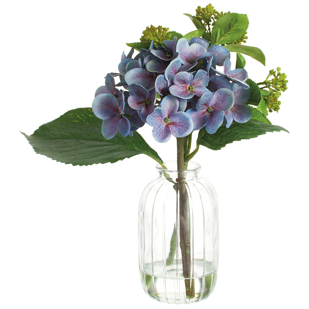 9" Hydrangea & Skimmia Silk Flower Arrangement w/Glass Vase -Purple (Pack of 6)