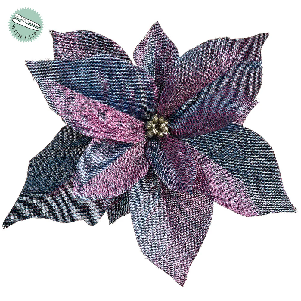 9" Metallic Artificial Poinsettia Clip-On Flower -Purple/Blue (Pack of 12)