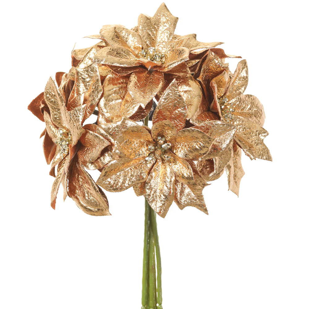 9" Metallic Artificial Poinsettia Flower Stem Bundle -Gold (Pack of 12)