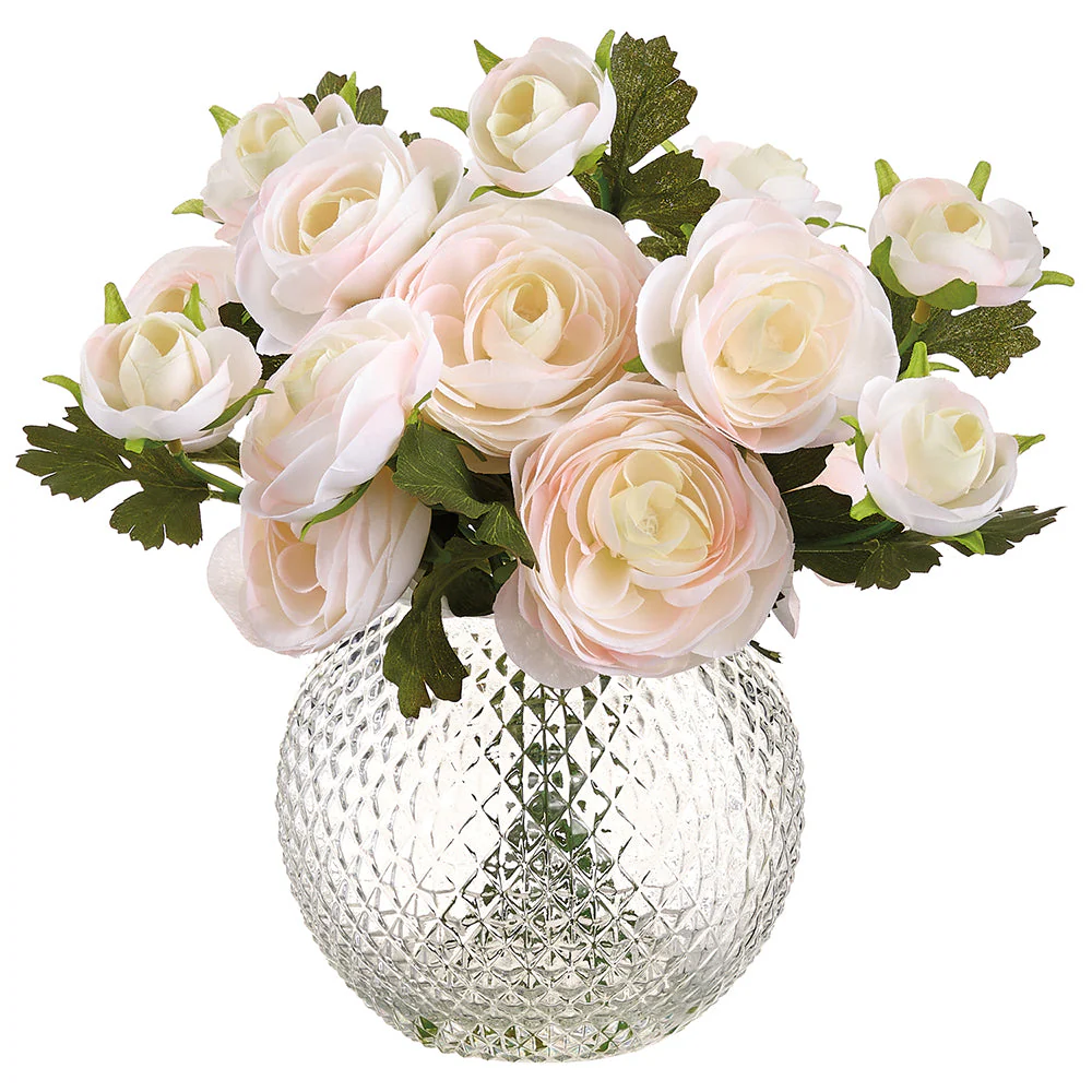9" Ranunculus Silk Flower Arrangement w/Glass Vase -Blush (Pack of 2)