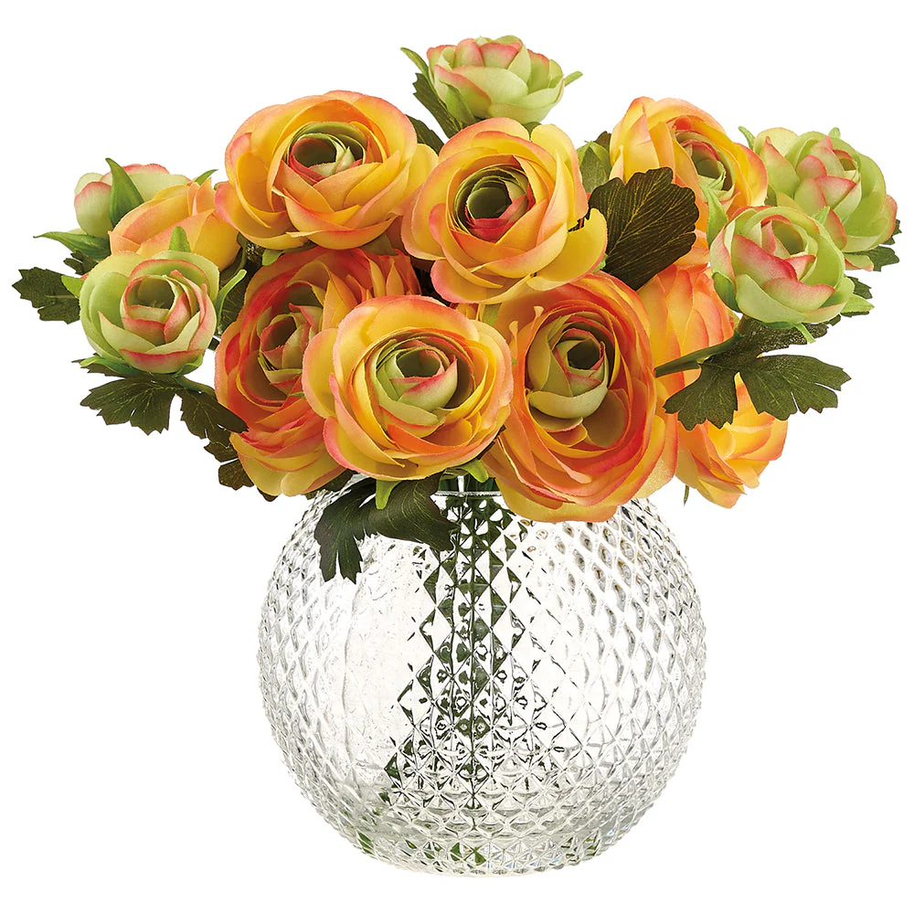 9" Ranunculus Silk Flower Arrangement w/Glass Vase -Orange (Pack of 2)