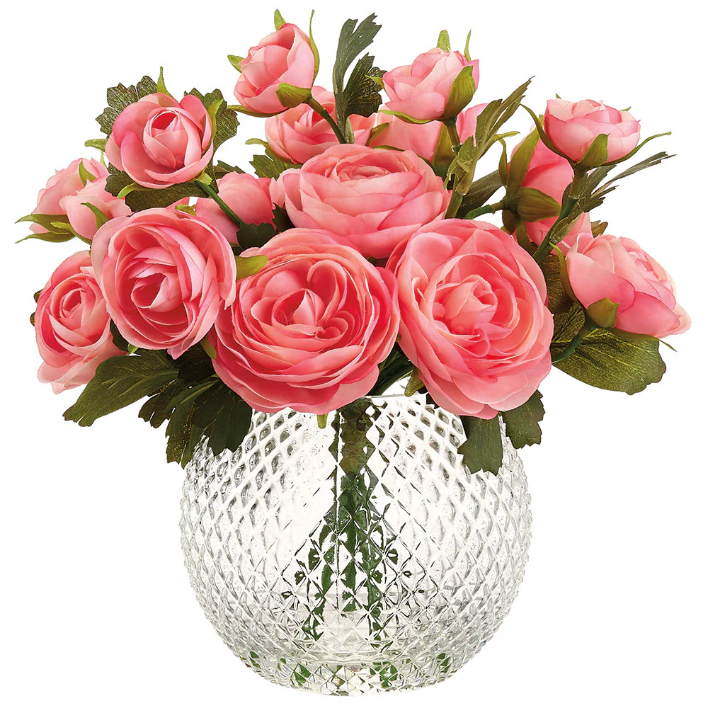 9" Ranunculus Silk Flower Arrangement w/Glass Vase -Pink (Pack of 2)