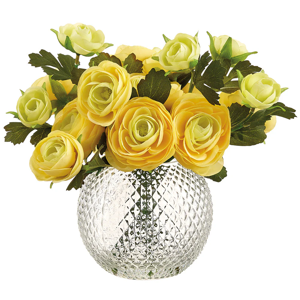 9" Ranunculus Silk Flower Arrangement w/Glass Vase -Yellow (Pack of 2)