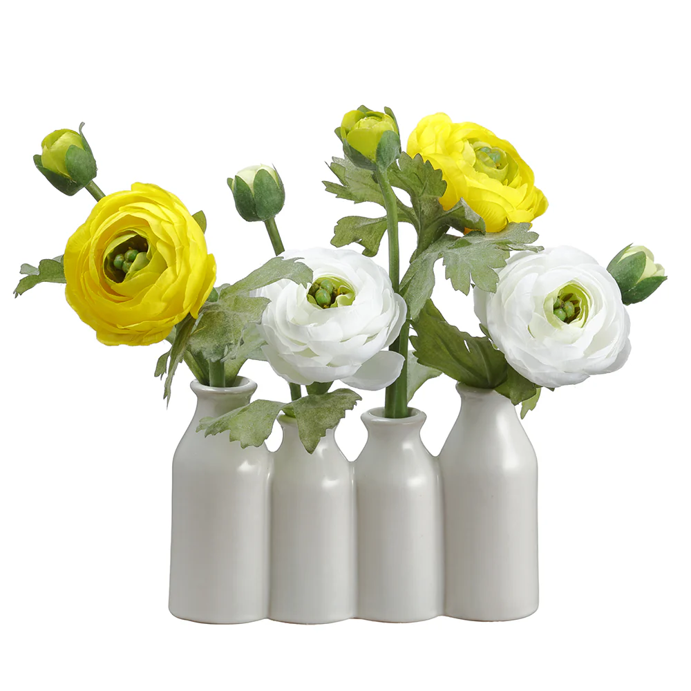 9" Silk Ranunculus Flower Arrangement w/Ceramic Bottle Vase -White/Yellow (Pack of 6)