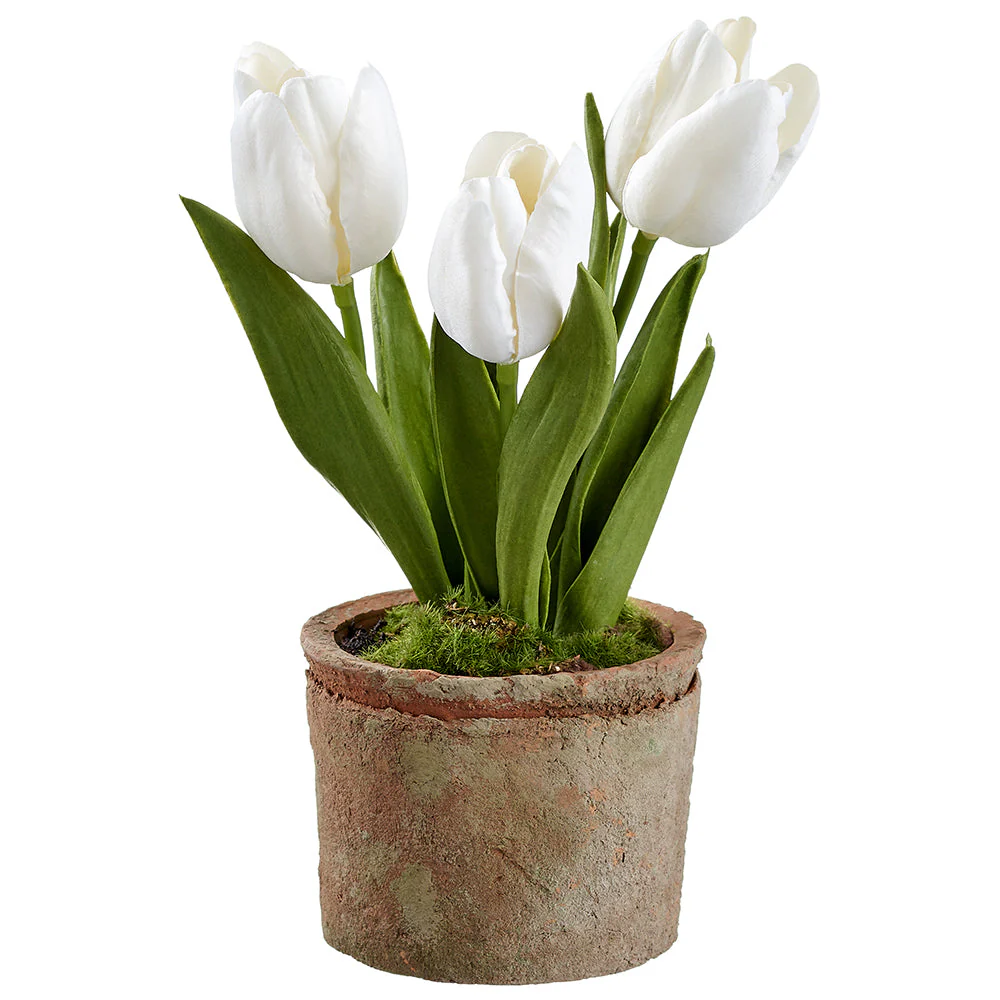 9" Tulip Silk Flower Arrangement w/Clay Pot -White (Pack of 9)