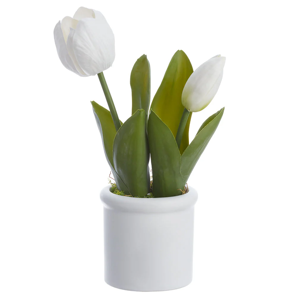 9" Tulip Silk Flower Arrangement w/Terra Cotta Vase -White (Pack of 12)