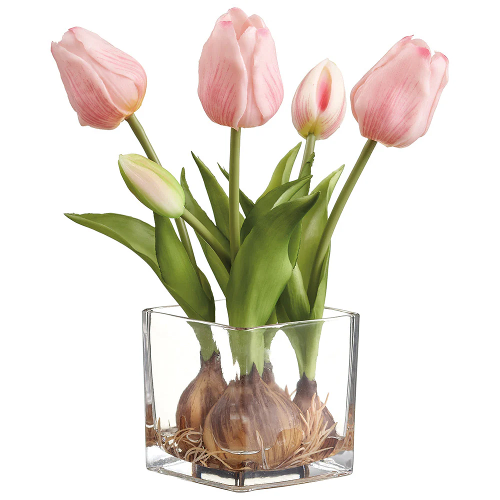 9" Tulip With Bulb Silk Flower Arrangement w/Glass Vase -Pink (Pack of 6)