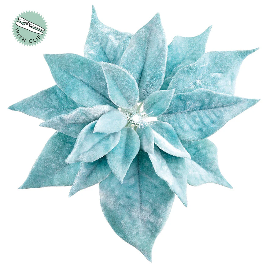 9" Velvet Poinsettia Battery Operated Fiber Optic Light Artificial Clip-On Flower -Aqua (Pack of 12)