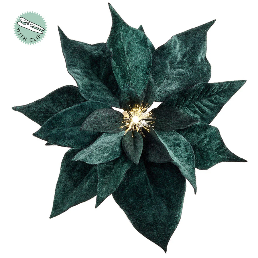 9" Velvet Poinsettia Battery Operated Fiber Optic Light Artificial Clip-On Flower -Green (Pack of 12)