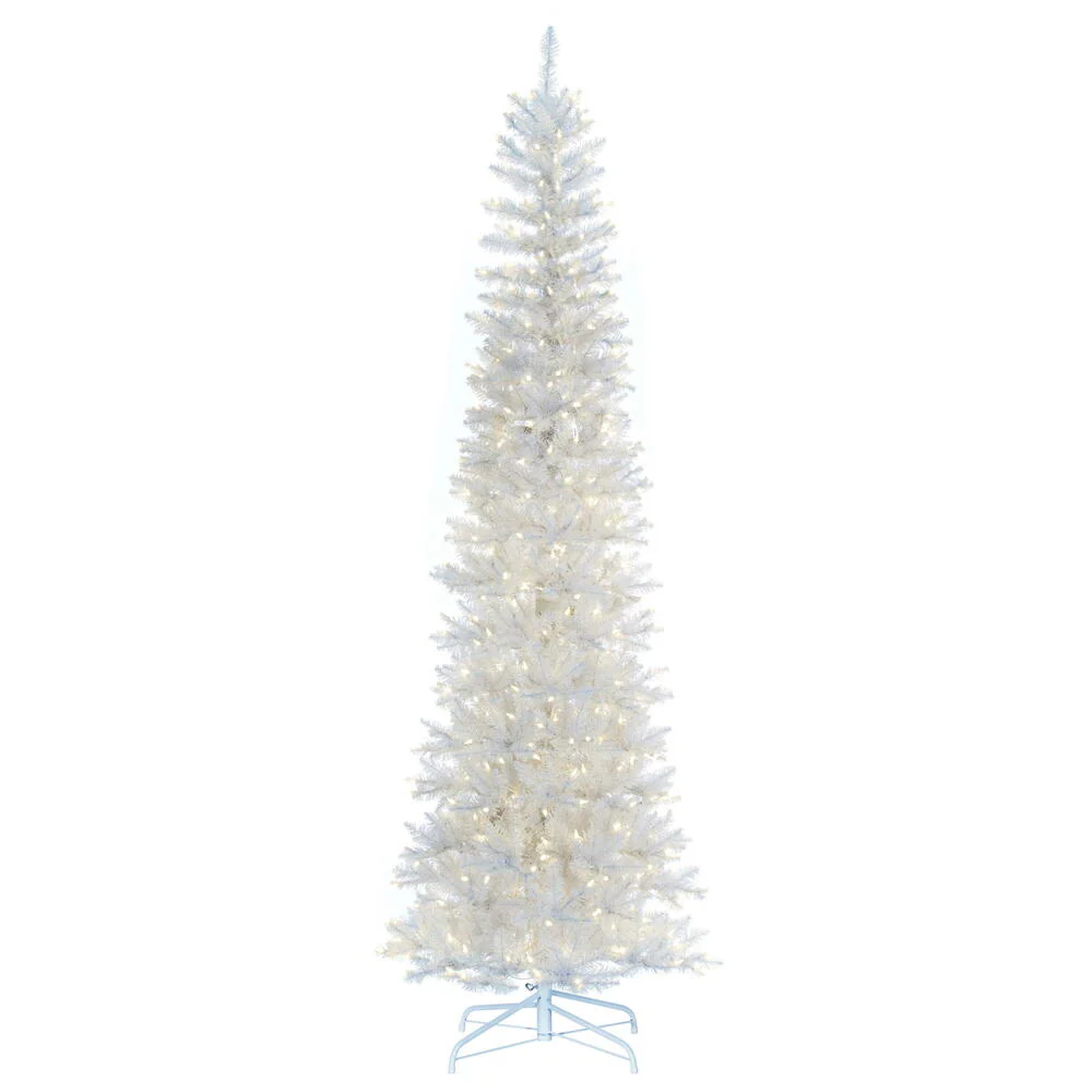 9'6"Hx42"W Pencil Artificial Christmas Tree, LED Pre-Lit -White