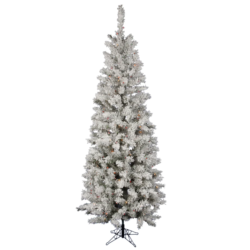 9'6"Hx44"W Flocked Pencil Pacific Pine Artificial Christmas Tree, LED Pre-Lit (Multicolor) -White