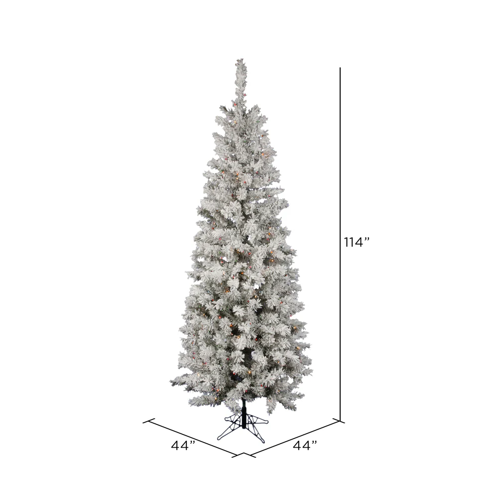 9'6"Hx44"W Flocked Pencil Pacific Pine Artificial Christmas Tree, LED Pre-Lit (Multicolor) -White - Image 3