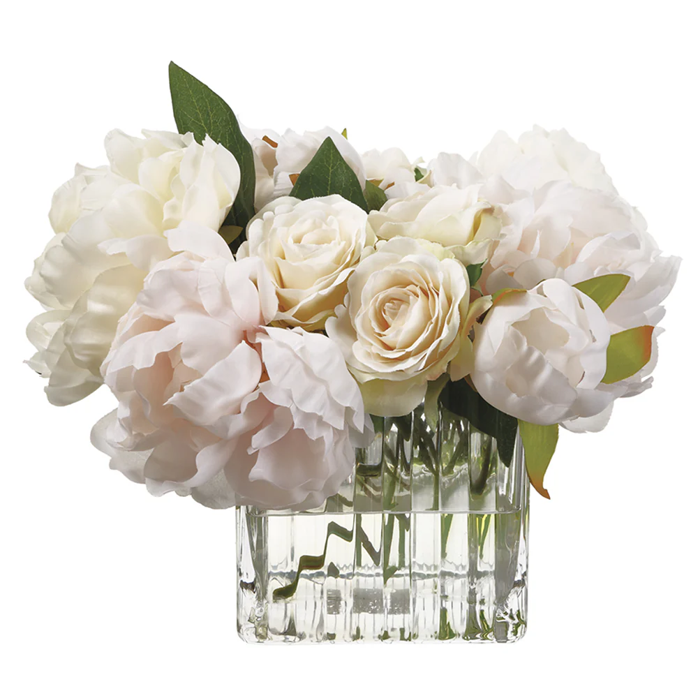 9"Hx12"W Silk Peony & Rose Flower Arrangement w/Glass Vase -White/Pink